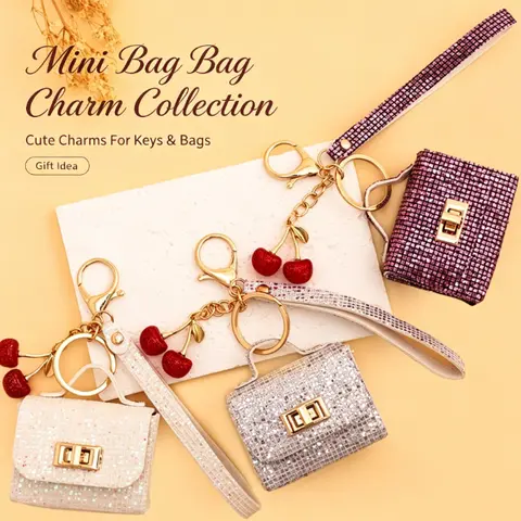 Sparkly Mini Bag Keychain for Women - Cherry Ornament, Wrist Lanyard, Shiny Inlaid Surface, Metal Twist Lock, Removable Hook, Portable Fashion Accessory for Daily Bag Embellishment, Key Organization, Keychains For Women