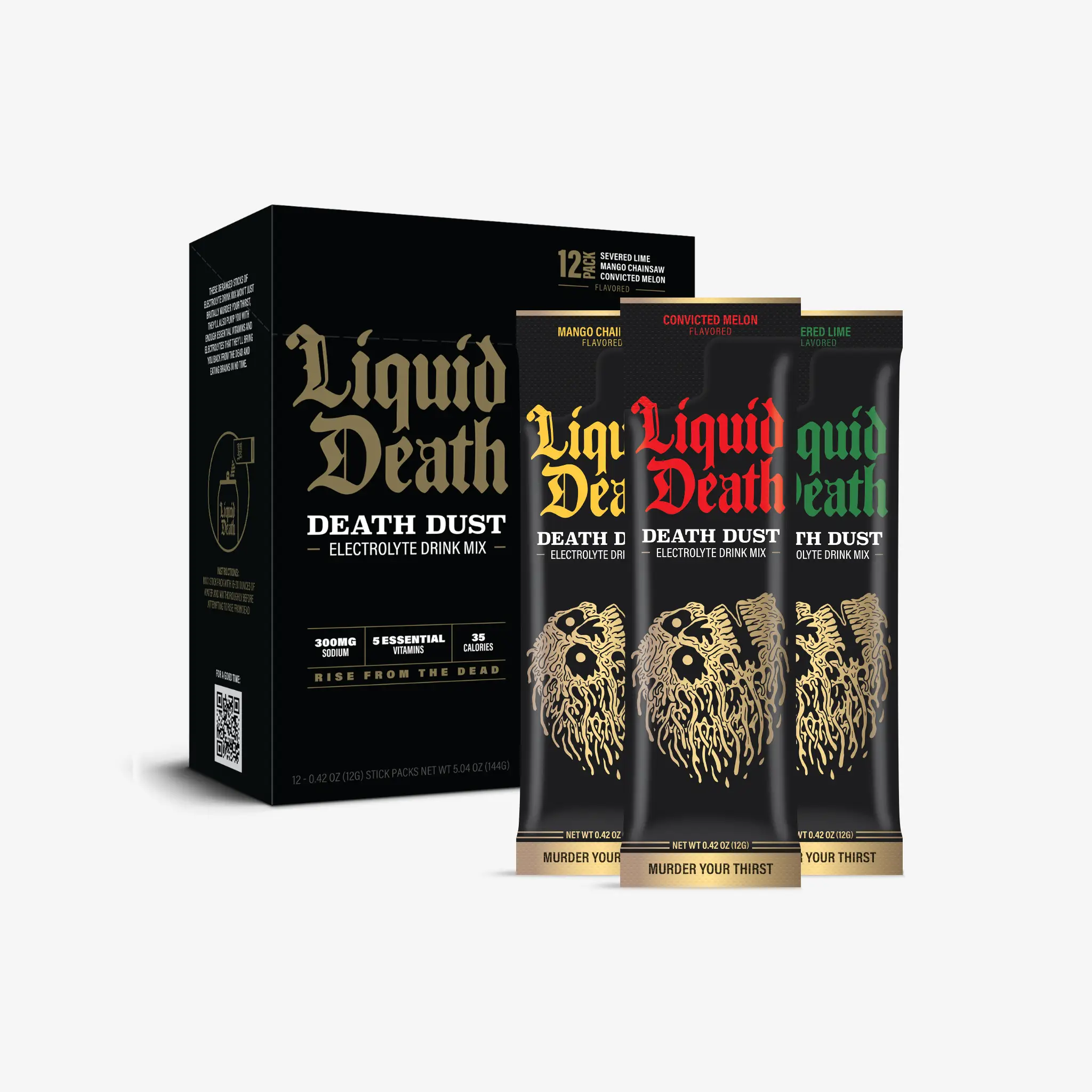 Liquid Death Electrolyte Death Dust - 12-Stick Variety Pack - Hydration Powder Packets - 3 Flavors - Mix 1 Stick with 12 oz Water - Mango Chainsaw, Co