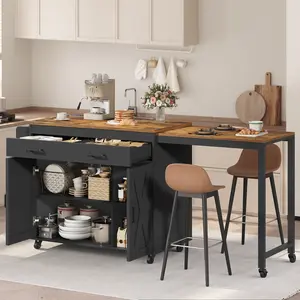 YATINEY Extendable Kitchen Island with Outlets & Switch, Mobile Kitchen Cart with Lockable Wheels, Storage Cabinets, Large Drawers, Spice Rack, Towel Bar and S-Hooks, Farmhouse Style, Black and Rustic Brown #SpringSale #BigSpringSale