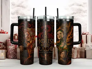 Epic HOTD Rhaenyra & Alicent Cinematic Art Tumbler - 40oz Insulated Stainless Steel Travel Mug with Handle & Straw - Perfect Dark Fantasy Gift for GOT Fans