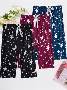 Women's Summer Casual Pants Set, Loose-Fitting Home Wear, Loungewear, Star Moon Bow Print Design, Comfortable Daily