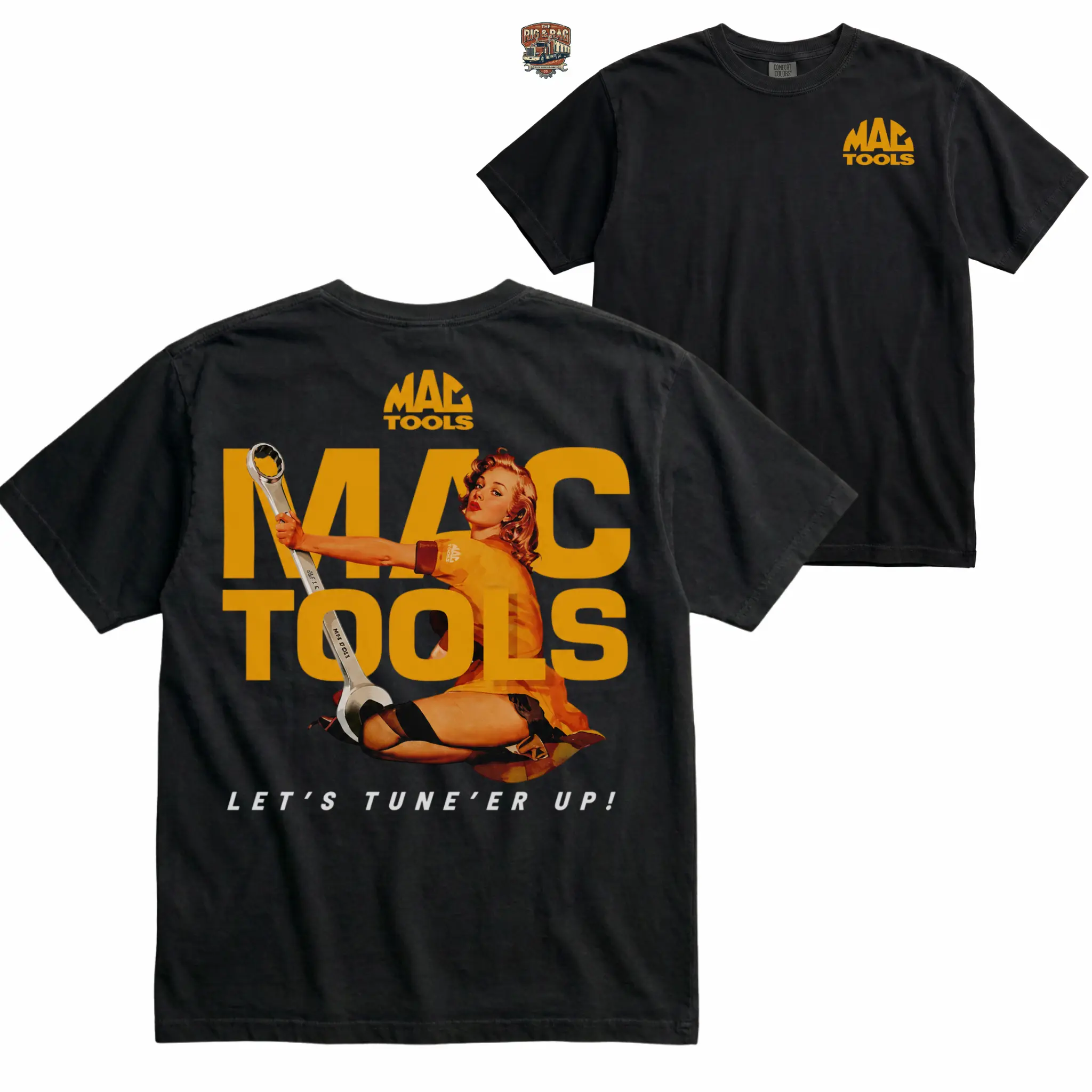 [Comfort Colors] Mac Tools Tune Up Pinup Girl T-Shirt, Diesel Mechanic Heavy Equipment Tee, Construction Worker Tool Truck Crewneck, Truck Enthusiast Gift for Men