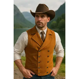 Mens Suit Suede Double Breasted Vest Classic Groomsmen Wedding Waistcoat Leather Big Lapel