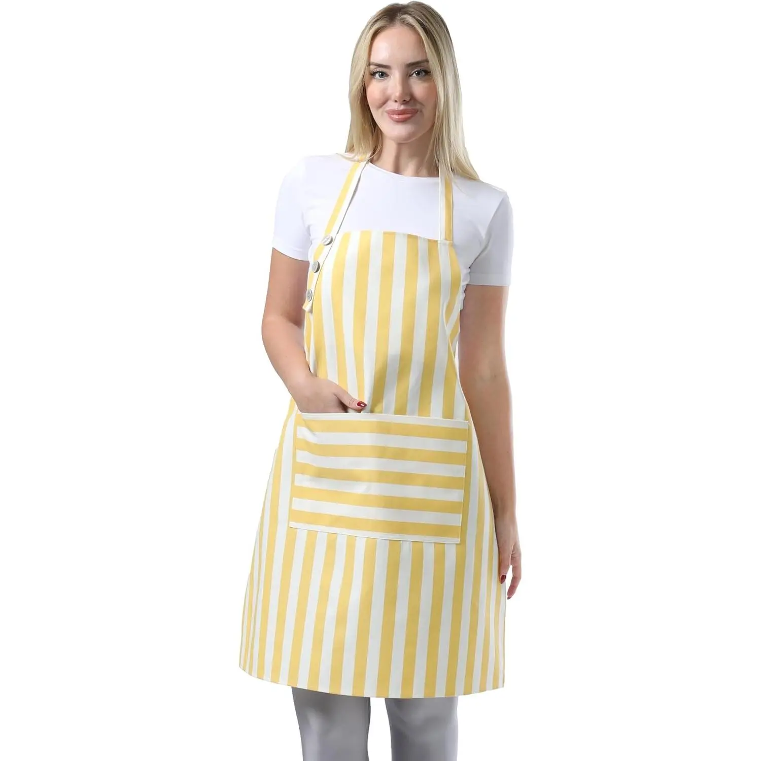Kitchen Apron Waterdrop Resistant Cotton Apron with adjustable Aprons for Women with Pockets Cooking Apron Chef Apron for Men (1, Yellow)