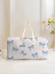 Large Capacity Corduroy Travel Bag Luggage Backpack, Bow Pattern Printed, Casual Yoga Fitness Handbag, Ideal for Short Trips Weekend Outing Daily Commute Portable Travel Bag