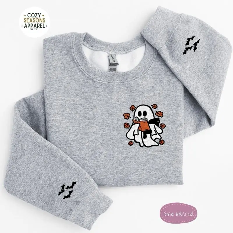 Women's Embroidered Halloween Sweatshirt - Black Cat, Ghost, Bat Sleeves, Bookish Design, Comfy Fabric, Casual Fall Crewneck Top, Gift for Readers