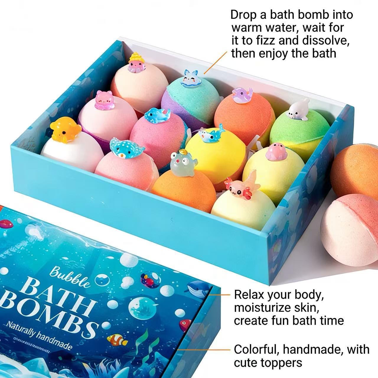 Surprise bath balls, 12-piece ocean surprise toy bath ball set, Easter basket filler gift box, includes ocean animal toys, suitable for toddlers and boys, natural color-changing foaming bath balls (Ocean Animal Series).