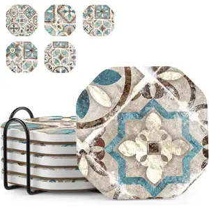 Drinks Coasters for Coffee Table Decor, Rustic Retro Boho Farmhouse Coasters, Absorbent Cup Mats for Wooden Table, Mandala Style,   Tile Design, Brown, 4", Set of 6