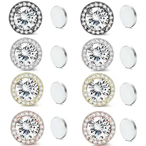 FITINY Magnetic Stainless Steel CZ Round Halo Stud Earrings for Unisex Men Women Hypoallergenic Non-Piercing Clip On Studs 8mm White CZ Stones Classic Sparkle