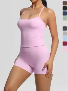 Women's Solid Racer Back Crop Tank Top & Skinny Shorts Tracksuit Set, Breathable Quick Drying Gym Yoga Workout Set, Ladies Sportswear for Indoor Outdoor Wear, Breathable Activewear