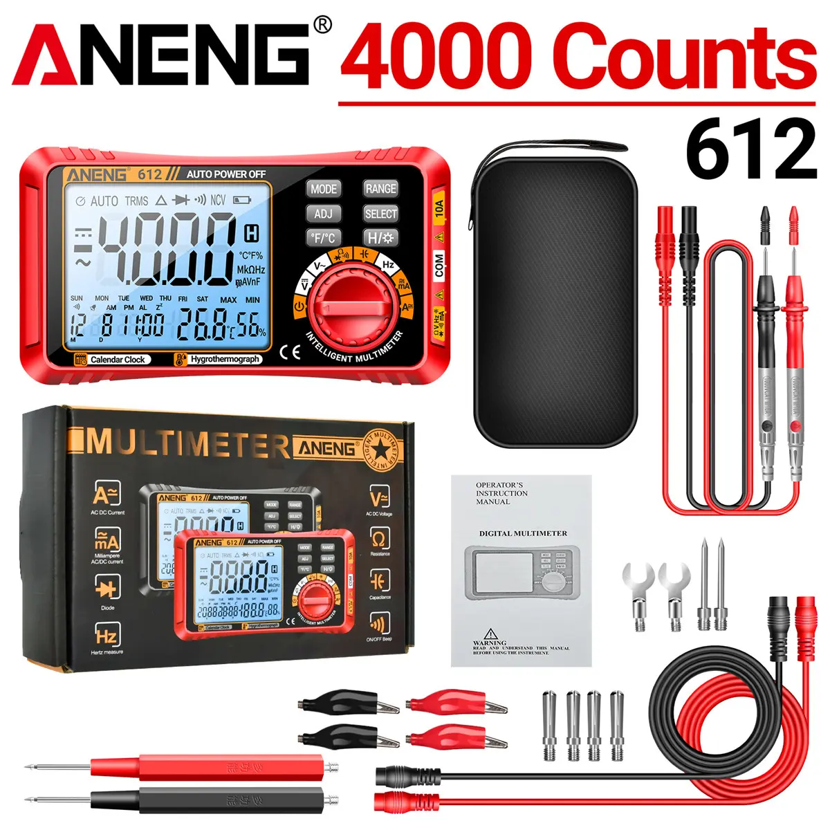 ANENG 612 True RMS Smart Multimeter - Large Touchscreen, LCD Backlight Screen, ABS Plastic Body, Temp Sensor, High-Precision AC/DC Voltage Current Ohm EMF Tester for Domestic Automotive Repairs