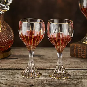 2pcs Luxury Striped Stemmed Hand-Blown Crystal Wine Glasses, Golden Clear Ribbed Stemmed Glasses, Reusable Glassware For Whiskey, Cocktail, Champagne, Gifts For Wine Tasting Birthday Anniversary Wedding, 10.2 Oz Drinkware