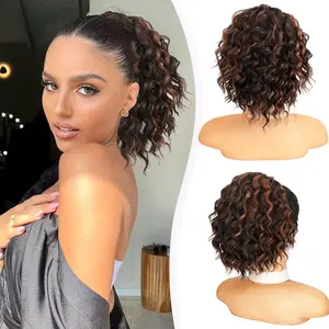 Ponytail Extension 8Inch Short Wavy Curly Ponytails Drawstring Ponytail for Black Women Brown With Reddish Brown Highlights Pony Tails Hair Extensions Synthetic Hairpiece for Daily Use