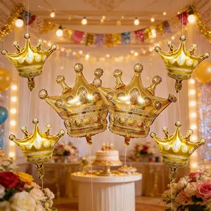 7pcs, Includes 2 Large Golden Crown Foil Balloons, 4 Mini Crown Balloons, 1 Roll of Ribbon, Perfect Party Decoration, Suitable for Weddings, Valentine'S Day, Birthdays, Anniversaries, Proposals, Party Balloons