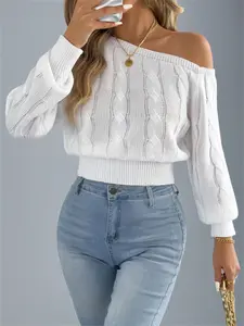 Women's Off-Shoulder Long Sleeve Sweater Top, Casual Vacation Style, Fall Winter Fashion, Plain Color Pullover, Waist-Cropped Design