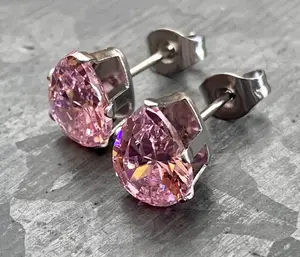 PAIR of Dazzling Hypoallergenic Pink CZ Gem Teardrop Stud Earrings!