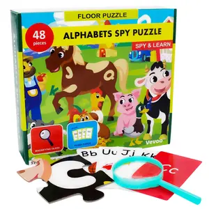 I Spy Alphabet Puzzle with Flashcards and Magnifying Glass 2ft x 3ft -Large 48 Piece Farm Animals Jigsaw Floor Puzzles for Kids Ages 3-5 – Preschool ABC Puzzle for Toddlers- Puzzle with Letters