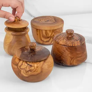 Handmade Olive Wood Salt Cellars – Rustic Spice Boxes with Lid | Personalized Kitchen Storage Gift