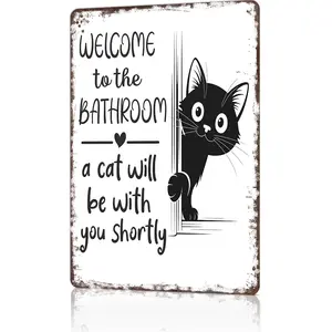 Vintage Cat Bathroom Sign Funny Metal Tin 8x12 Inch Poster for Home Dorm Decor Humor Housewarming Gift for Cat Lovers