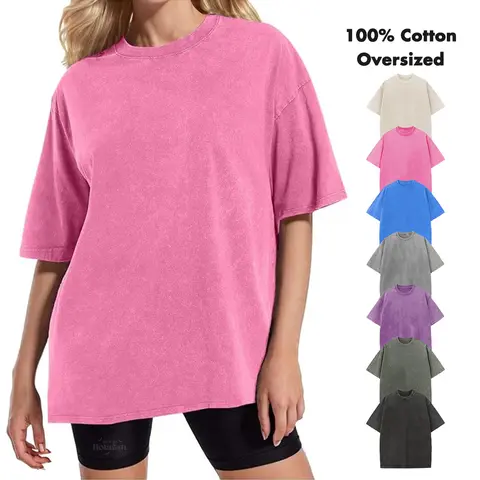 Holafish Women's Acid-Wash Oversized H-Type Tunic T-Shirt - Short-Sleeve Round Neck Solid Basic Top, Soft Cotton Fabric, Vintage Harajuku Edges, Loose-Fit Streetwear Style, Great for Parties & Weekend Walks