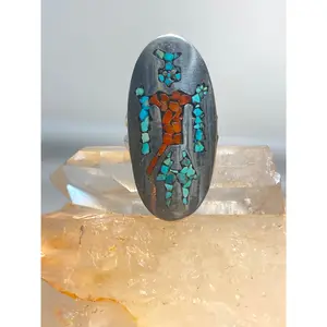 Long Kachina ring size 6.25 turquoise coral chips sterling silver Navajo southwest women girls