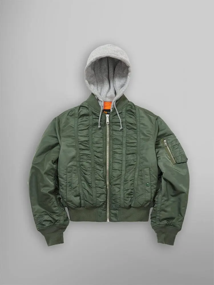 ALPHA X MADEME HOODED RUCHED MA-1 BOMBER JACKET ALPHA X MADEME HOODED RUCHED MA-1 BOMBER JACKET