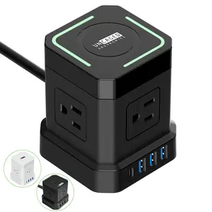 Wireless Cube Surge Protector Power Strip with USB Ports - Wireless Charger Flat Plug Power Strip with Surge Protection - 9-in-1 10ft Extension Cord with Multiple Outlets - 4 AC + 3 USB + 1 USB-C + Wireless Charging Pad - Mountable Power Strip with On/off