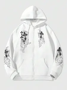 Men's Gothic Cross Zip-Up Graphic Casual Hoodie | Oversized Fit, Ornate Floral Print | Trendy Dark Streetwear Essential | Perfect for Edgy Urban & Grunge Style Enthusiasts