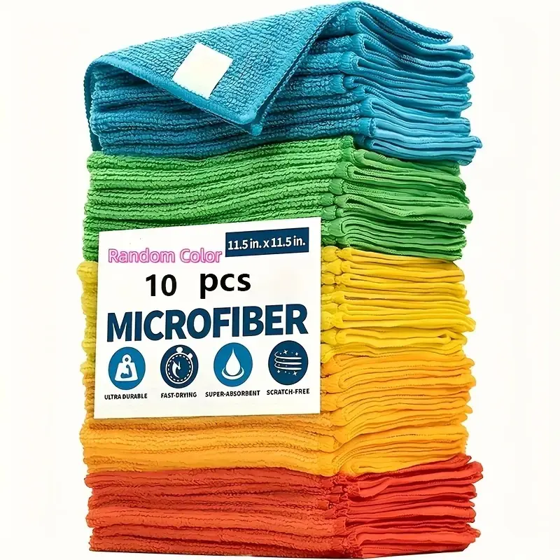 10pcs Microfiber Cleaning Cloth Set, Value Pack, Multi-Purpose Kitchen Towels, Durable Absorbent Stain Removal, Ideal for Living Room Bedroom Bathroom Furniture