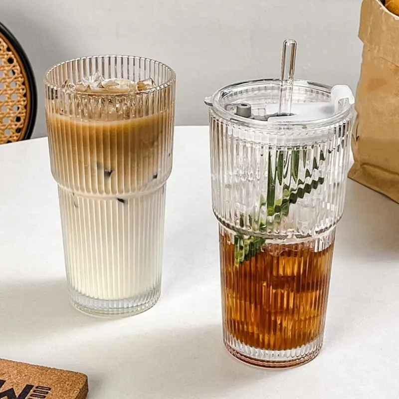 2Sets Glass Tumblers with Lids & Straws, Portable Glass Coffee Cups, Ribbed Glass Cup for Iced Coffee, Cocktail, Juice Classic Drinkware