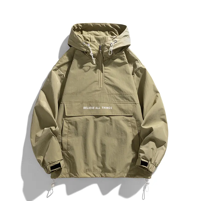 Men's Half Zip Windbreaker Jacket - Lightweight Hooded Coat with Drawstring Hem and Side Pockets, Suitable for Teens and Adults, Oversized Streetwear Outdoor Sports Jacket, Olive Green/Other Colors All-Season Casual Jacket, Menswear Stylish Big Loose