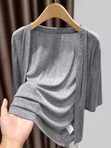 Summer Ice Silk Thin Sun Protection Short Sleeve Cardigan Jacket for Women, Outerwear Medium Sleeves Knit Air Conditioning Cover