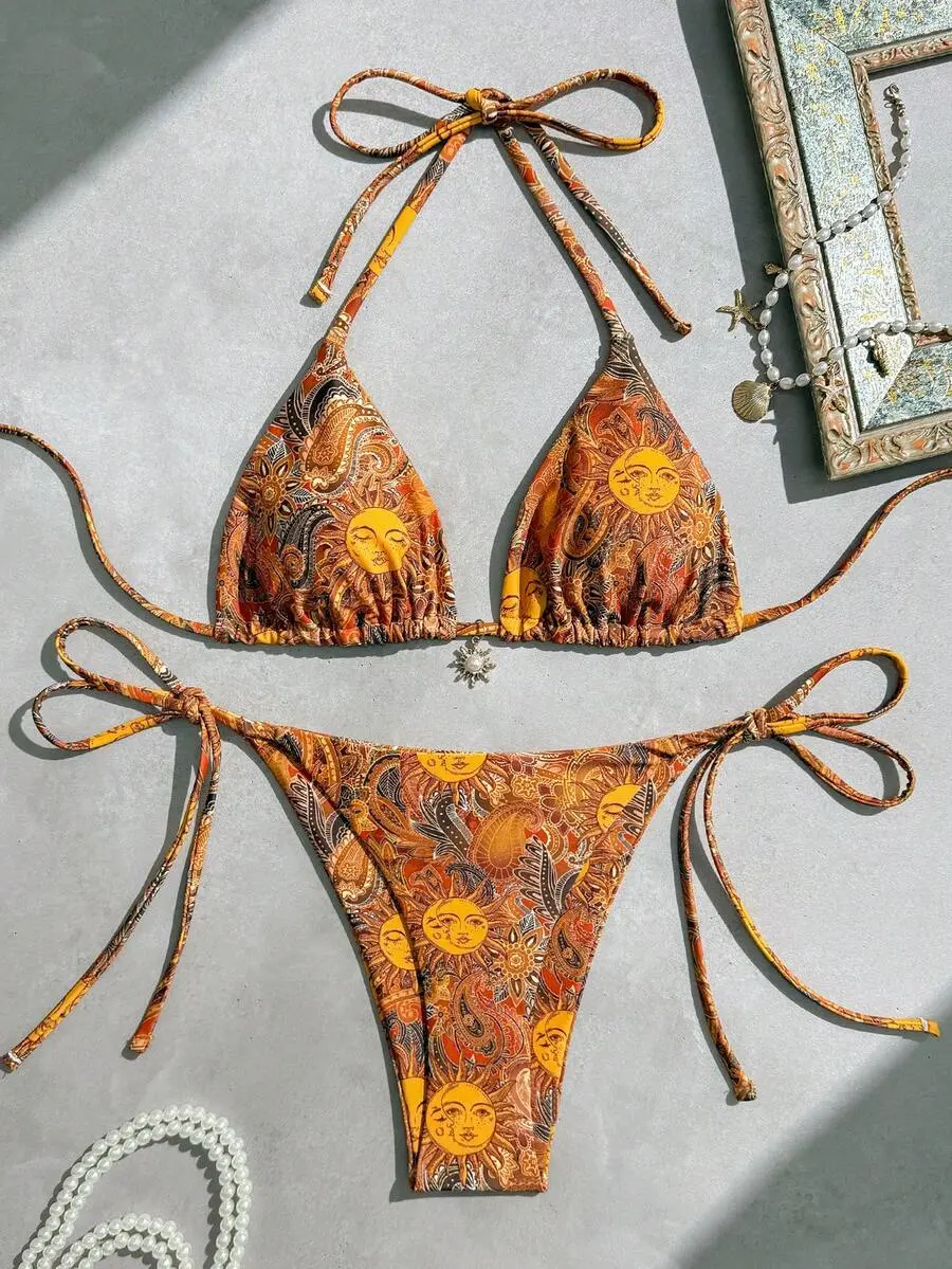 OFFGIRD x Swim Vcay Women's Summer Beach Full Print Halter Tie Sexy Bikini And Triangle Briefs Swimwear Set