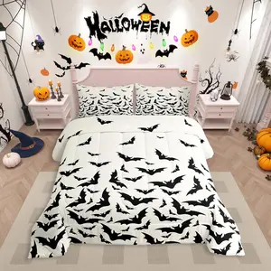 Halloween Comforter Set,Black Bats Bedding Set,Gothic Spooky Insert Women Men Adults White Horror Halloween Quilt Modern Simple Style Duvet