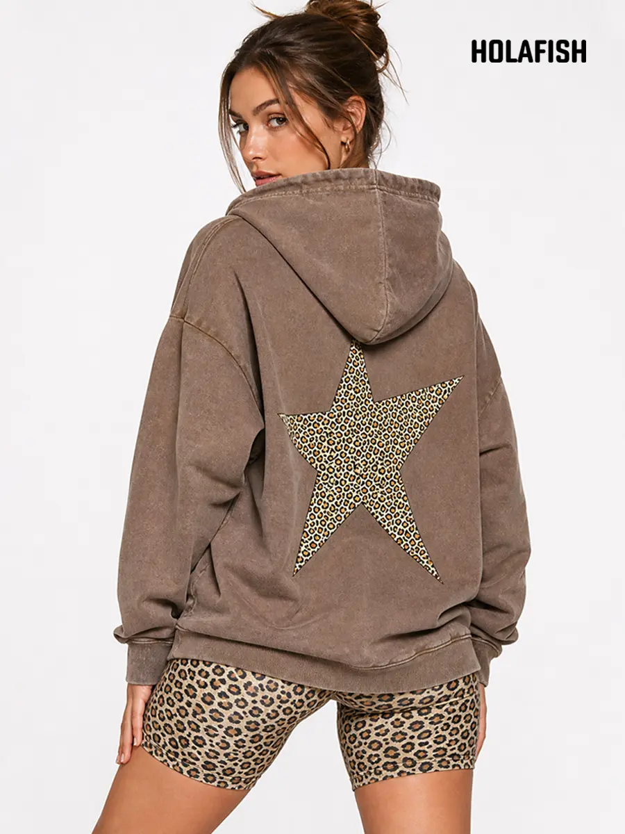 Holafish Women's Vintage Acid Wash Loose Casual Cotton-Polyester Hoodie Sweatshirt, Oversized Asymmetrical Star Leopard Graphic Pullover, Thanksgiving Streetwear Biker Top