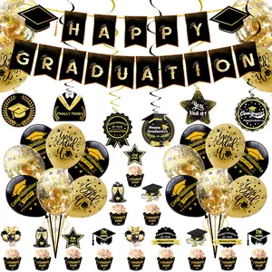 2026 Graduation Party Decorations Set, Black Gold Graduation Balloons, Cupcake Toppers, Happy Graduation Banner, Hanging Swirls, Grad Party Supplies for High School College Graduation Celebration