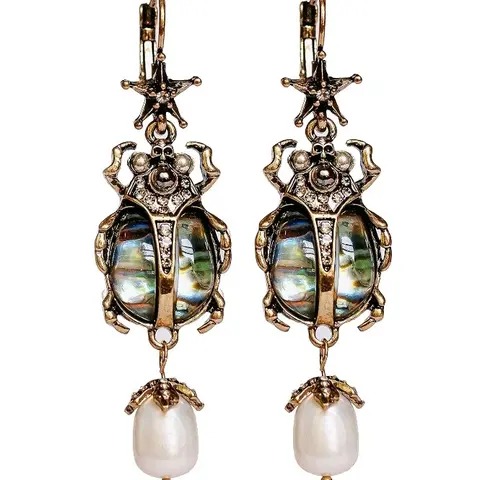 Earrings Beetle Bug Scarab Vintage Halloween Whimsical Jewelry Drop Dangle Earrings for Women with Unique Beetle Design and Abalone Shell Pendant Gift Egyptian Statement Pieces Halloween