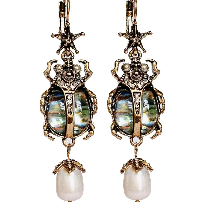 Earrings Beetle Bug Scarab Vintage Halloween Whimsical Jewelry Drop Dangle Earrings for Women with Unique Beetle Design and Abalone Shell Pendant Gift Egyptian Statement Pieces Halloween