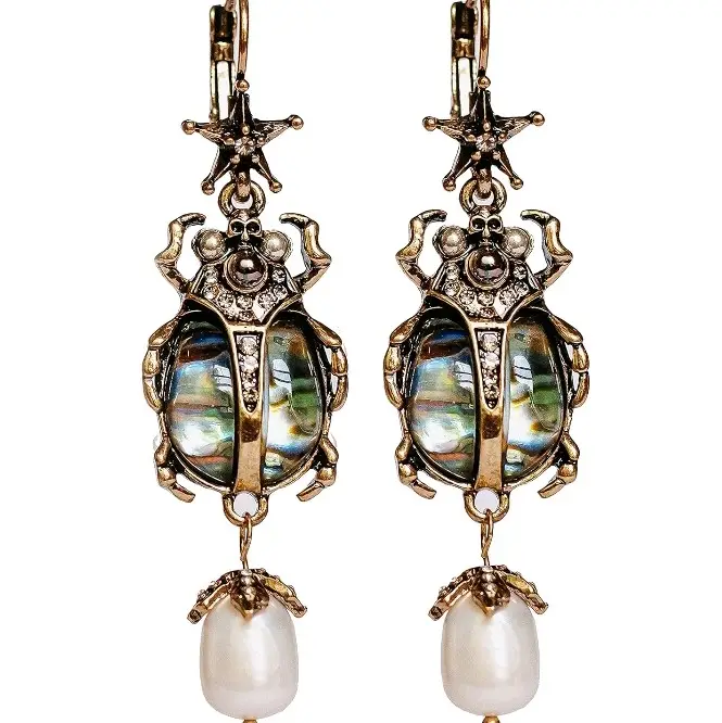 Earrings Beetle Bug Scarab Vintage Halloween Whimsical Jewelry Drop Dangle Earrings for Women with Unique Beetle Design and Abalone Shell Pendant Gift