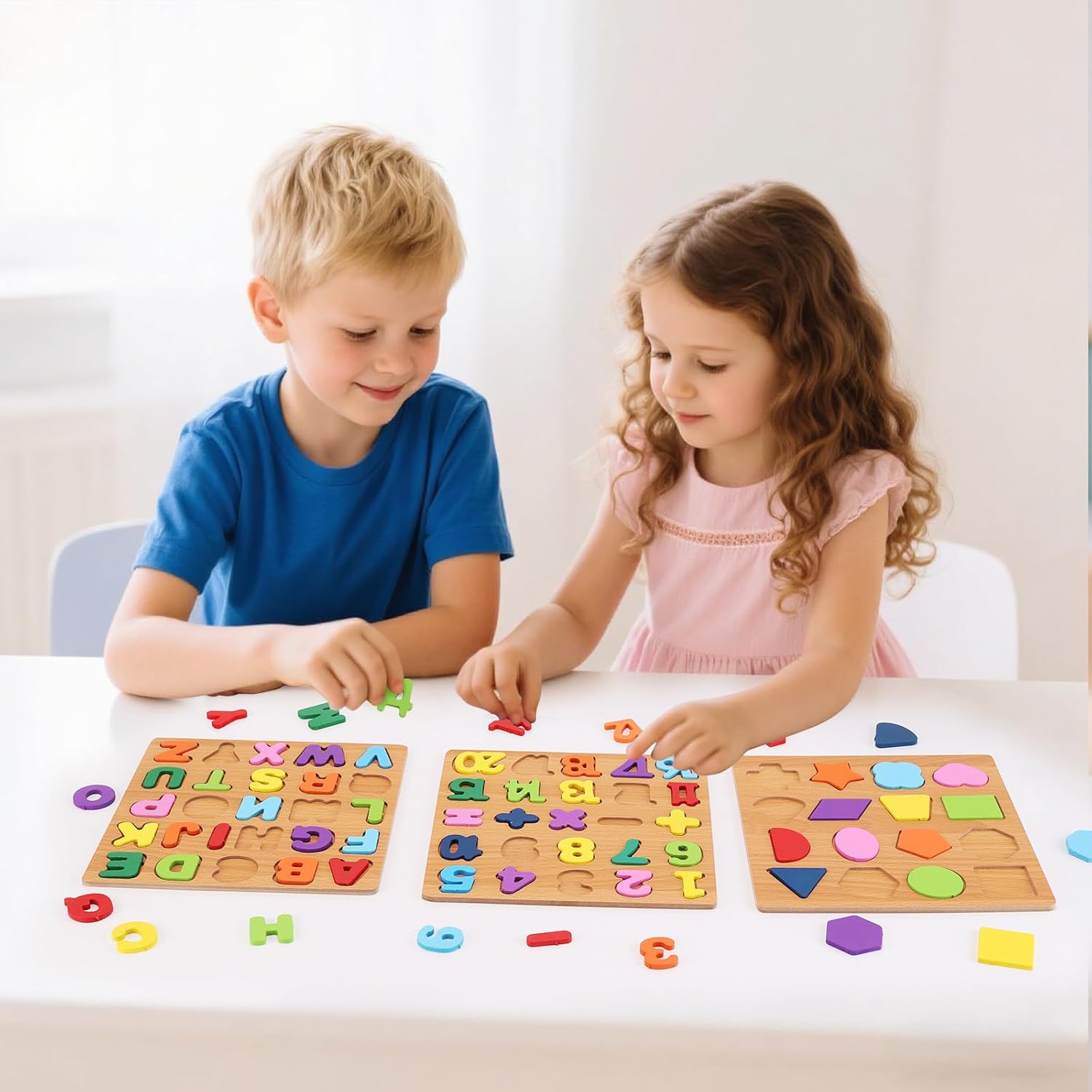 3-Pack Wooden Alphabet Puzzle Set, Unisex Preschool Montessori Educational Toys for 3-5 Years Kids with ABC Letter, Number & Shape Learning, Kids Learning Materials for Boys & Girls