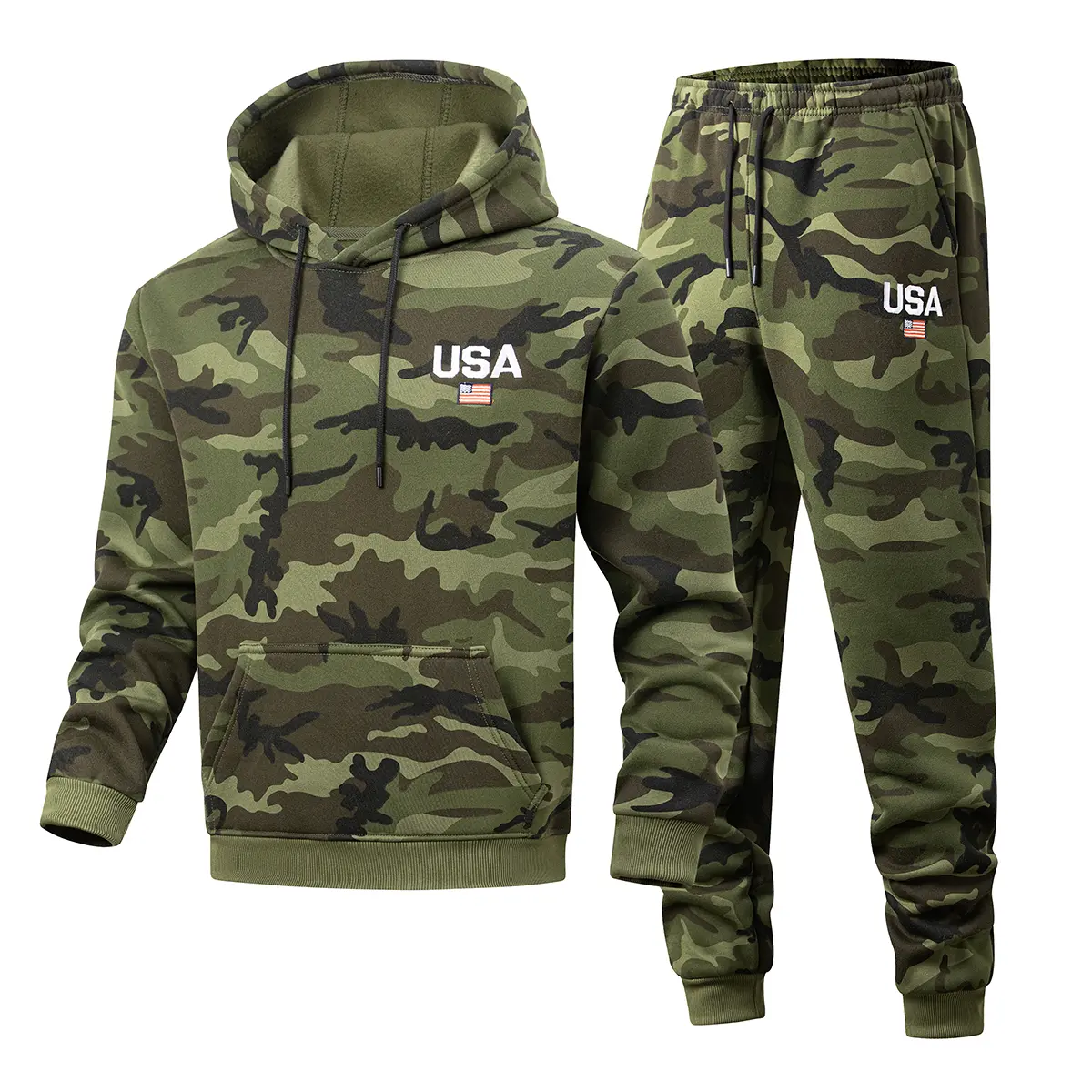 Men 2 Piece Camo Tracksuit Set USA Flag Print Hoodie & Drawstring Cuffed Jogger Pants, Camouflage Kangaroo Pocket Pullover Sweat Suit, Casual Streetwear Outfit for Sports Jogging Daily Outdoor Wear