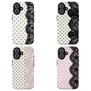 FL-Black Lace & Polka Dot Phone Case, Pink Lace Polka Dot Phone Case,Elegant Vintage Floral Lace Protective Cover For iPhone 11 12 13 14 15 16 17 Air Pro Max for Samsung S26 S25 S24 S23 S22 S21 Case,Gift for her/him