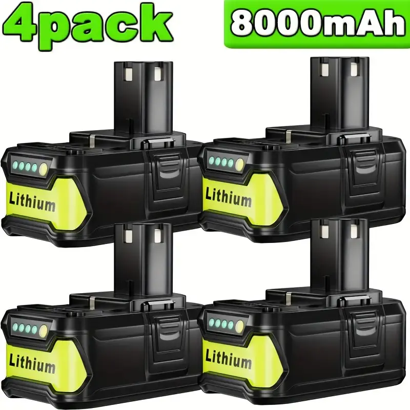 4-Pack P108 8.0Ah Lithium Ion Rechargeable Power Tool Batteries, Replacement for Ryobi 18V Battery Models P102, P103, P104, P105, P107, P109, Compatible with Ryobi 18V Cordless Tools, Lithium Ion Battery