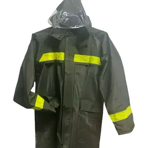 Heavy army green Rain Coat Gear rubber material with High Visibility Tape Breathable Inner Adjustable Hat Waterproof Reflective Strips