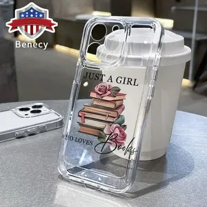 Bookish Rose TPU Pattern Phone Case for iPhone 15 16 14 Pro Max 13 12 11 XR XS Plus Non-Yellowing Clear Crystal Drop-proof Protection Slim Silicone Cover Cellphone Protective