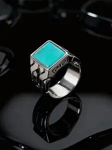 Western Cowboy Vintage Turquoise Inlaid Silver Ring, Geometric Carved S925 Silver Jewelry, Unisex Daily Wear Party Accessory Gift, Geometric Design Ring