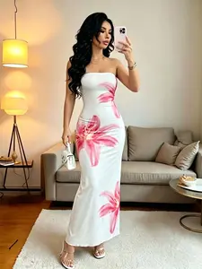 🔥  White strapless long dress | slim fit, pink lily floral pattern, perfect for date nights and summer OOTD ✨
