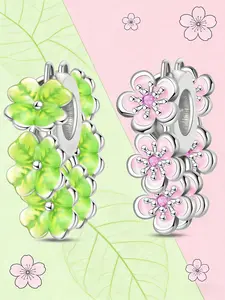 Four-Leaf Clover & Sakura Spacer Charm, & Enamel Bead, Lucky Floral Jewelry for Pandora Bracelet, Elegant Accessory