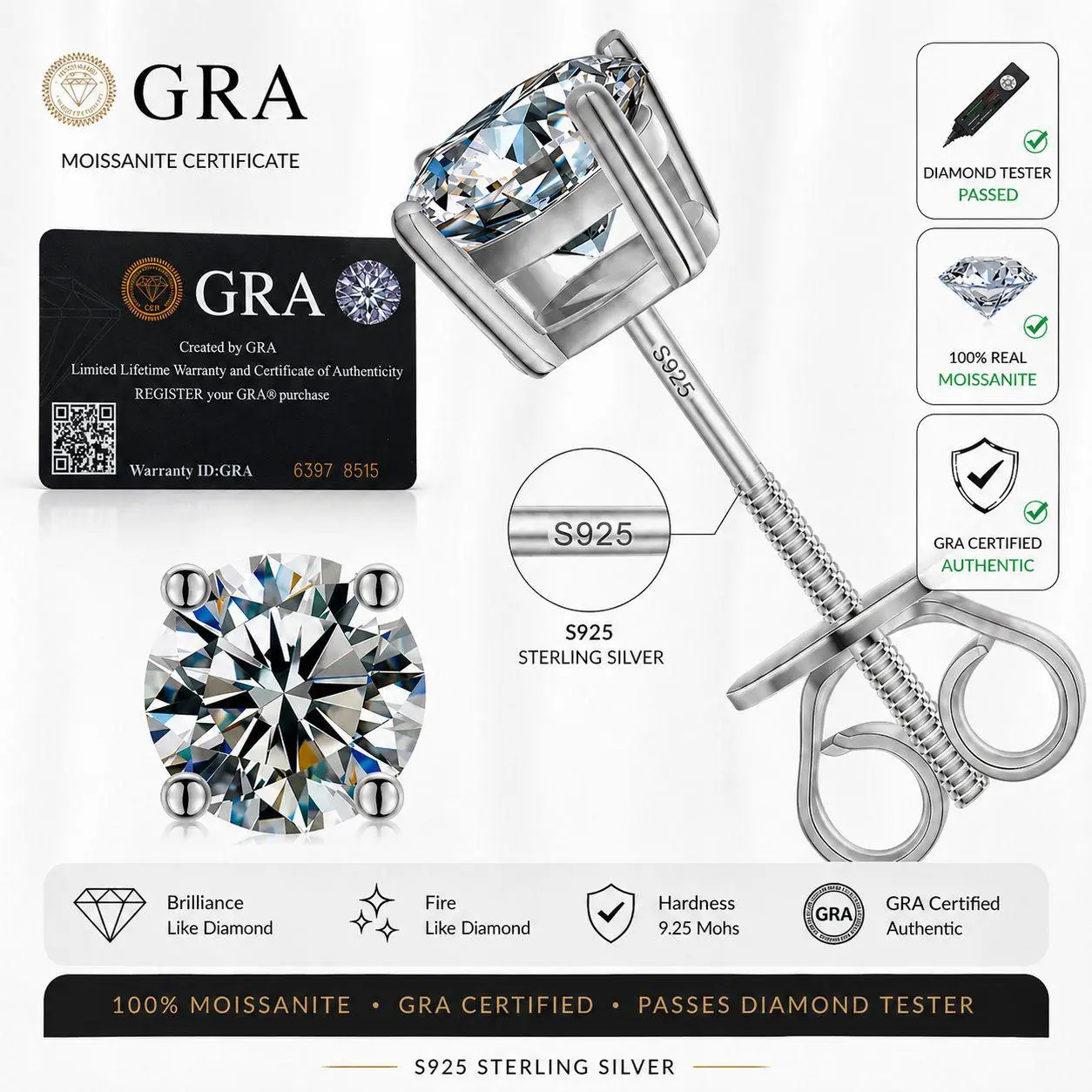 Moissanite Screw Back Earrings 925 Sterling Silver VVS Moissanite D Color 3mm-10mm, OFFICIAL.Gold/Silver Color