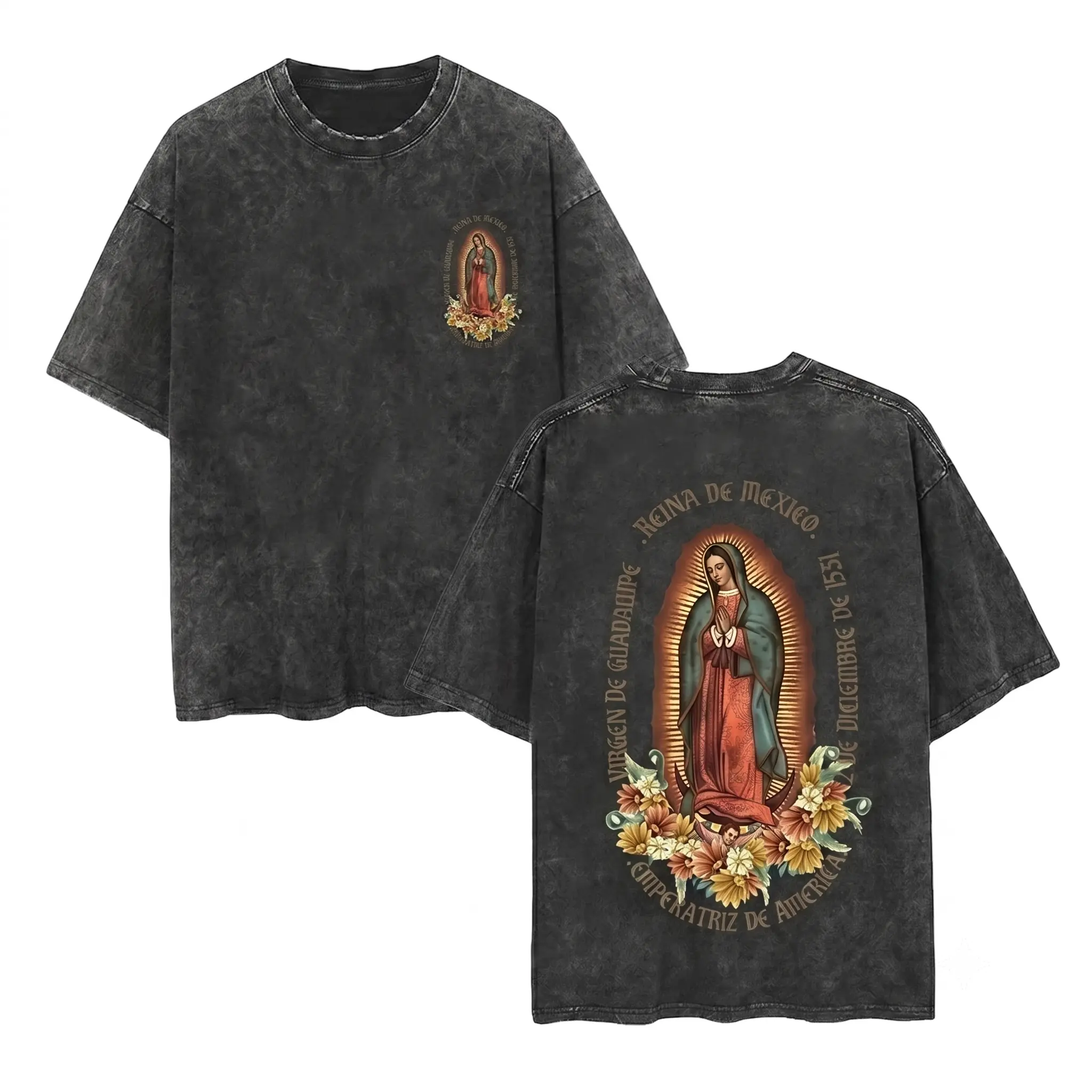 Washed Pure Cotton T-Shirt, Men'S Casual Fashion, With Dark 'VIRGEN DE GUADALUPE' And Religious Figure Prints, Outdoor Sports T-Shirt | Loose Fit | Soft Knitted T-Shirt Crewneck Apparel